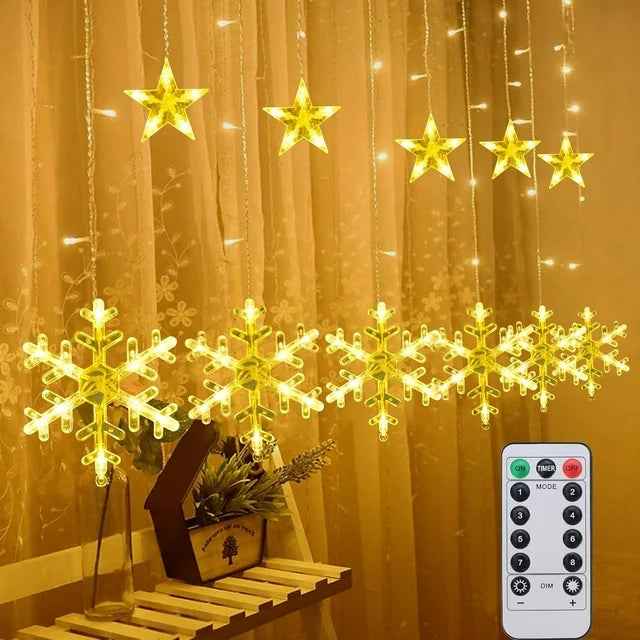 Qoosea Curtain String Lights, 126 LED Snowflake Star Curtain Fairy Lights, 8 Mode Window Lights Waterproof, Battery Operated Christmas Decorations for Bedroom Wall Wedding Home