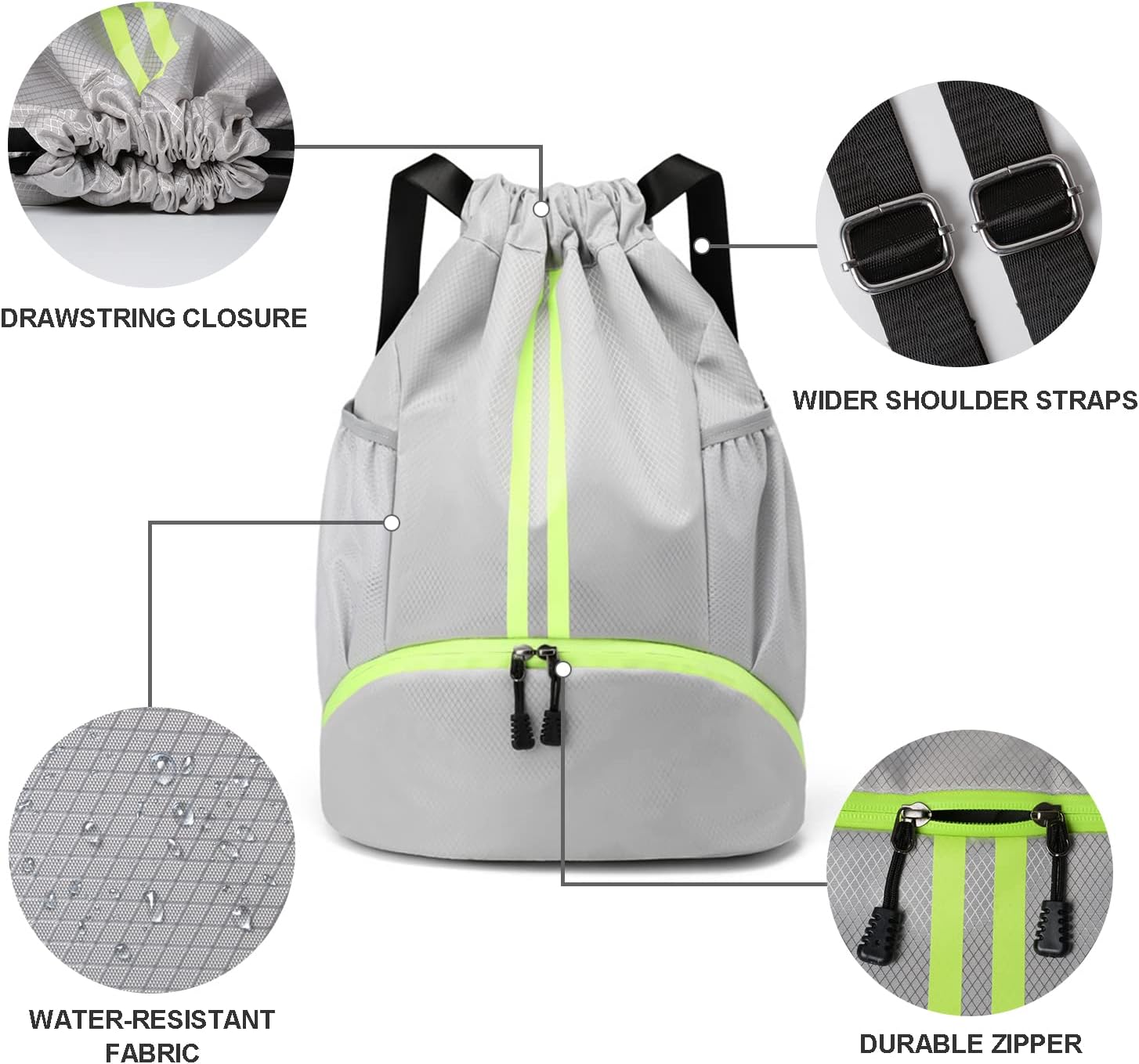 Drawstring Backpack with Mesh Pockets Shoe Compartment Water Resistant (Grey)