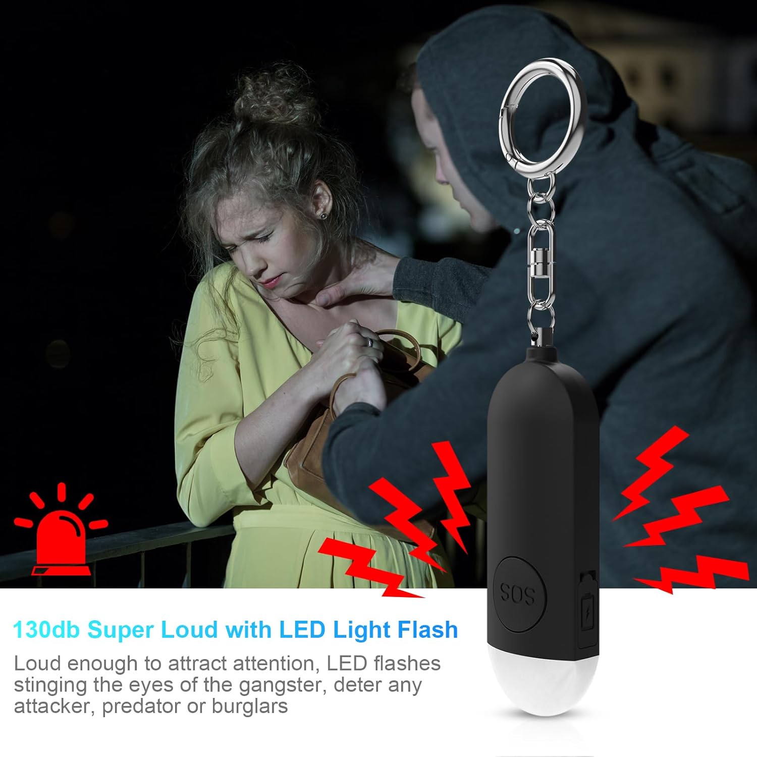 Pocket Alarm with 130 dB Personal Alarm with LED Light (Black)