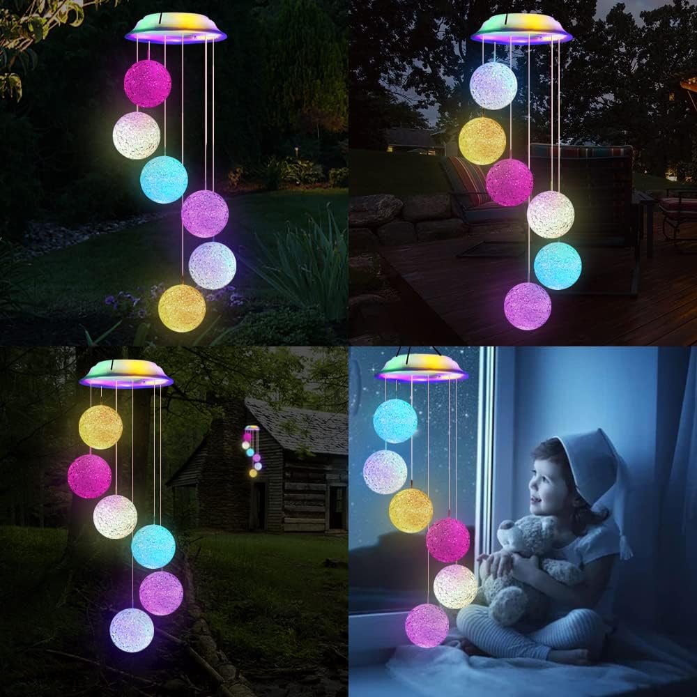 Qoosea Solar Wind Chimes Lights Outdoor, Color Changing Crystal Ball LED Light Solar Powered Wind Chime Waterproof Hanging Solar Mobile Lamp