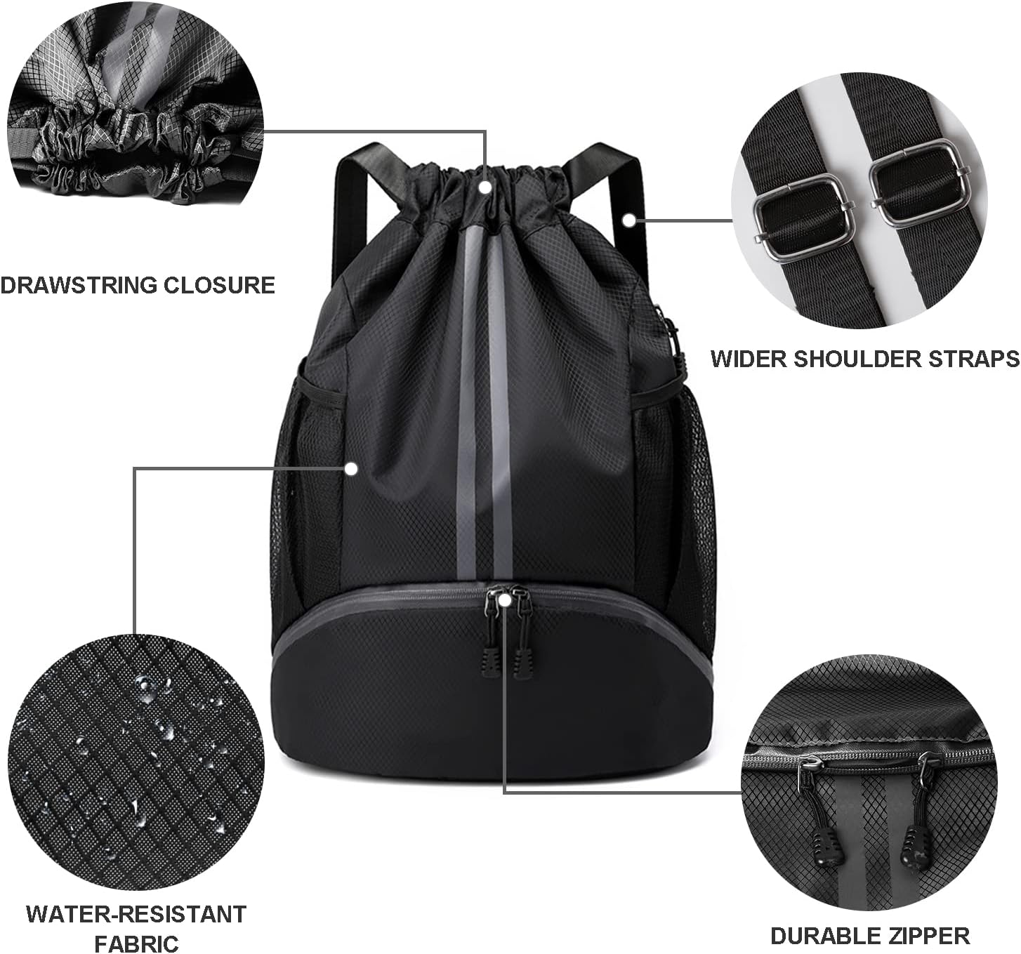 Drawstring Backpack with Mesh Pockets Shoe Compartment Water Resistant (Black)