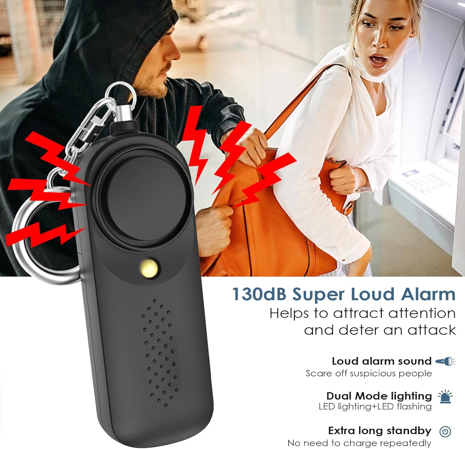 Personal Alarm Pocket Alarm with 130dB Emergency with LED Light (Black)