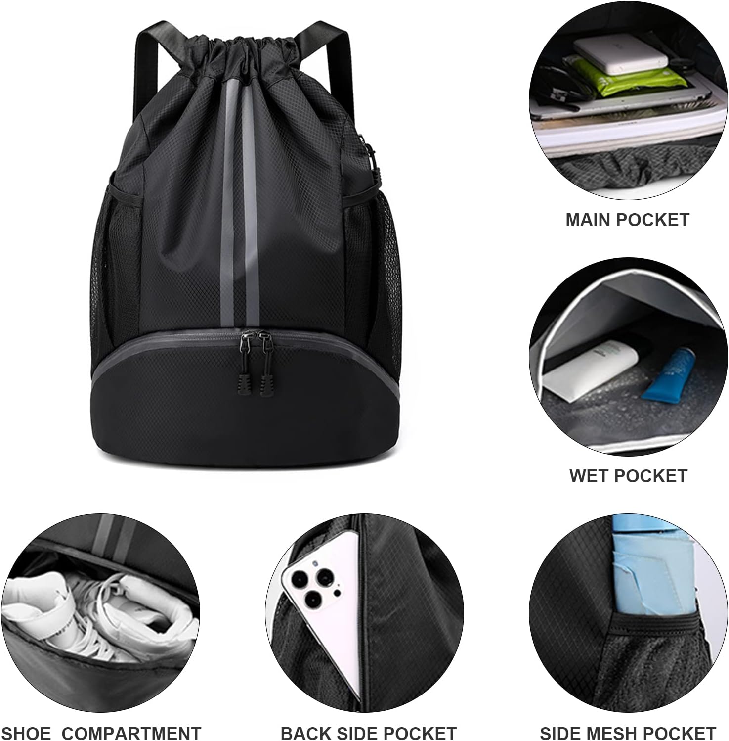 Drawstring Backpack with Mesh Pockets Shoe Compartment Water Resistant (Black)