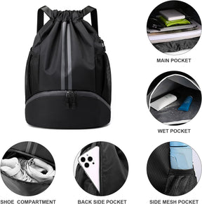 Drawstring Backpack with Mesh Pockets Shoe Compartment Water Resistant (Black)