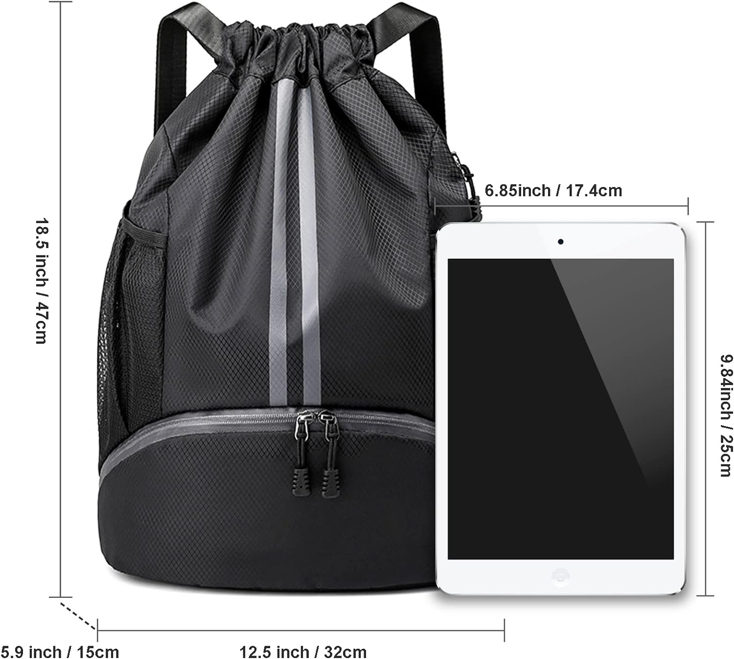 Drawstring Backpack with Mesh Pockets Shoe Compartment Water Resistant (Black)