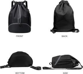 Drawstring Backpack with Mesh Pockets Shoe Compartment Water Resistant (Black)