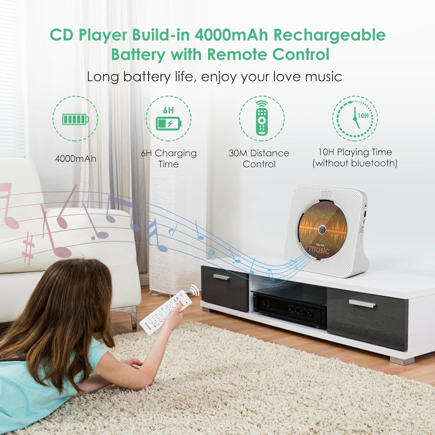 CD Player Bluetooth Desktop with 4000mAh Battery White