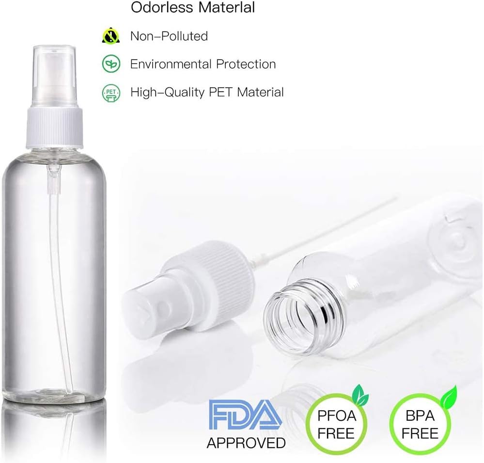 10 x 100ml Empty Clear Fine Mist Spray Bottles with 2pcs Funnels and 14pcs Labels