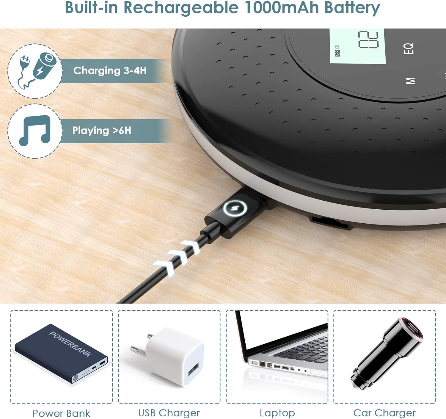 Portable CD Player with Touch Button 1000mAh Battery