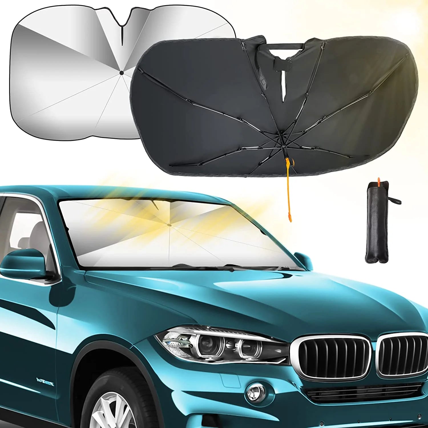 Qoosea Car Sun Shade for Windshield, 360° Rotation Bendable Shaft Foldable Car Umbrella Front Windshield Shade Block UV Sunshade Cover, Sun Sheets for Car, 57''x 31''