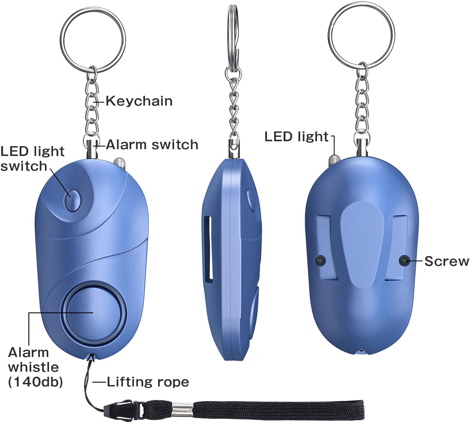 Pack of 3 Personal Alarm 140 dB with LED Light Emergency Self-Defense