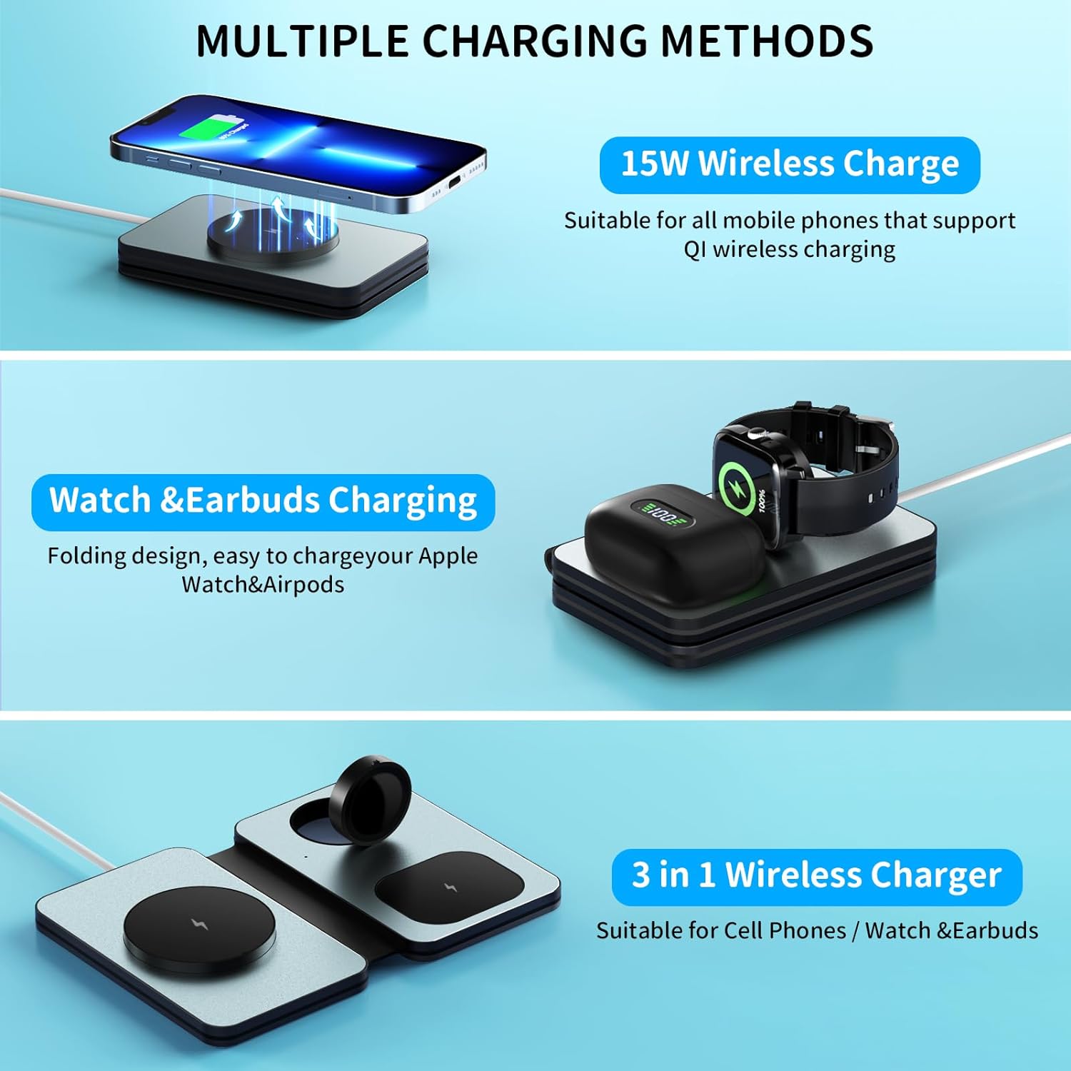 3 in 1 Wireless Charger with Foldable Magnetic Induction