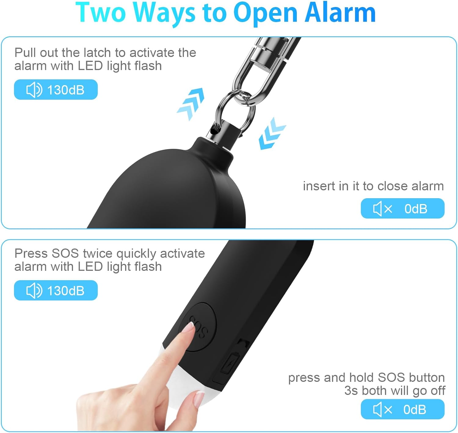 Pocket Alarm with 130 dB Personal Alarm with LED Light (Black)