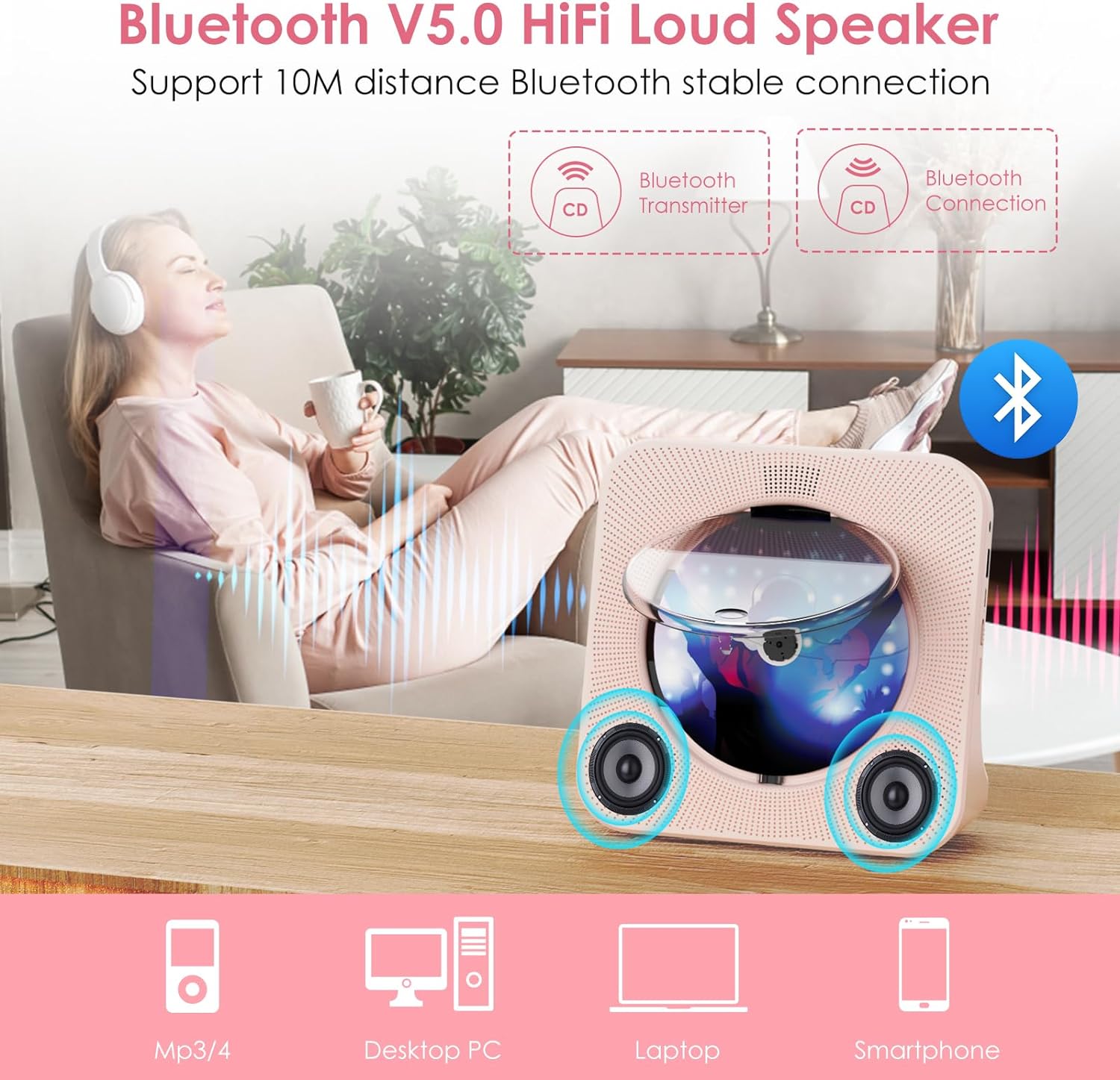 CD Player Bluetooth Desktop with 4000mAh Battery Pink