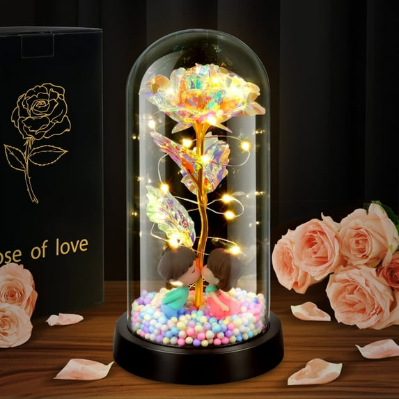 Qoosea Eternal Rose in Glass Dome, Artificial Flowers with Led Lights, Valentine's Day Birthday Christmas Gifts, Roses Flower Gifts for Girlfriend Wife