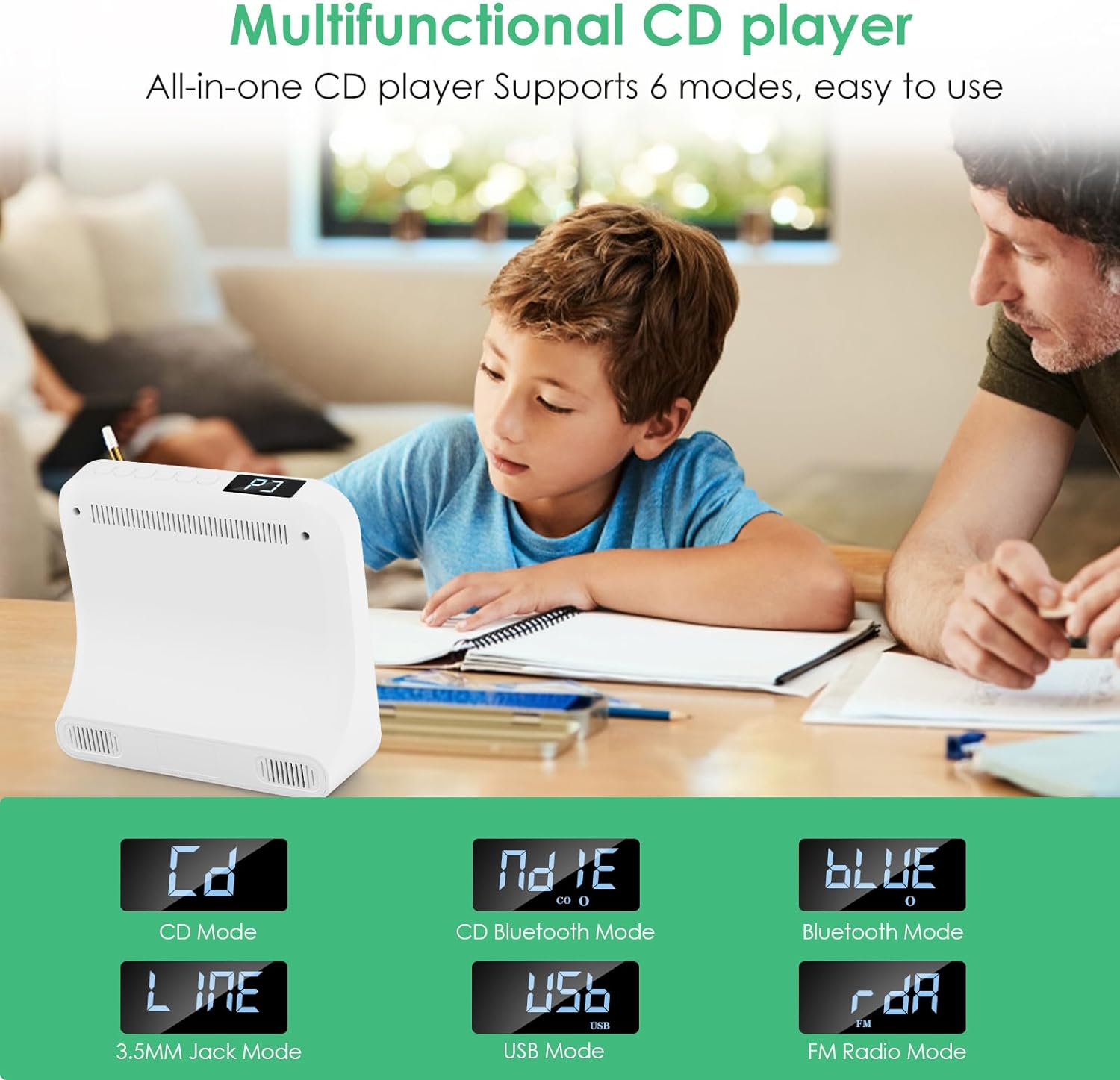 CD Player Bluetooth Desktop with 4000mAh Battery White