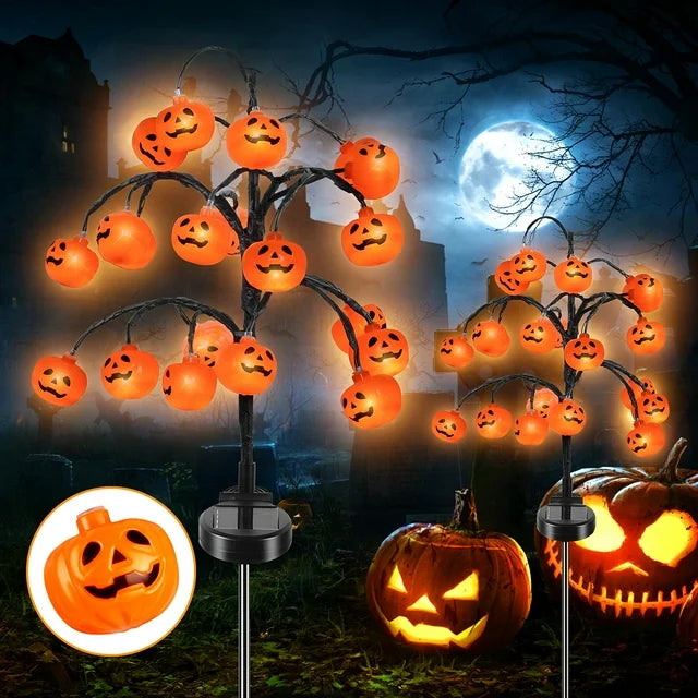 Qoosea 2 Packs 40LEDs Solar Halloween Pumpkin Stake Lights, 2 Modes Halloween Pumpkin Lights for Outdoor Halloween Decorations, Waterproof Solar Halloween Lights Stakes for Garden Yard Pathway