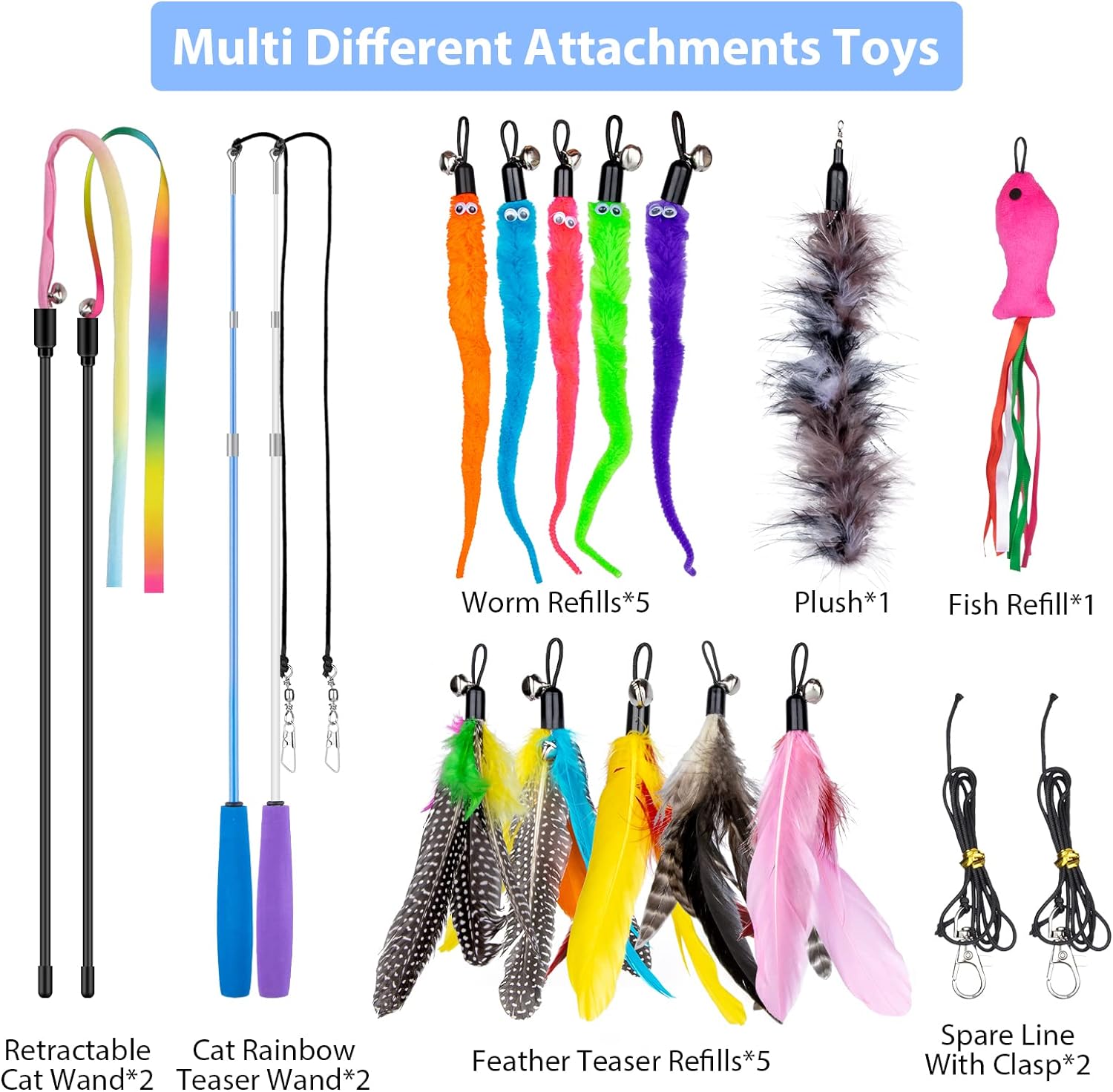 18PCS Cat Toy Wand Interactive Cat Feather Toys