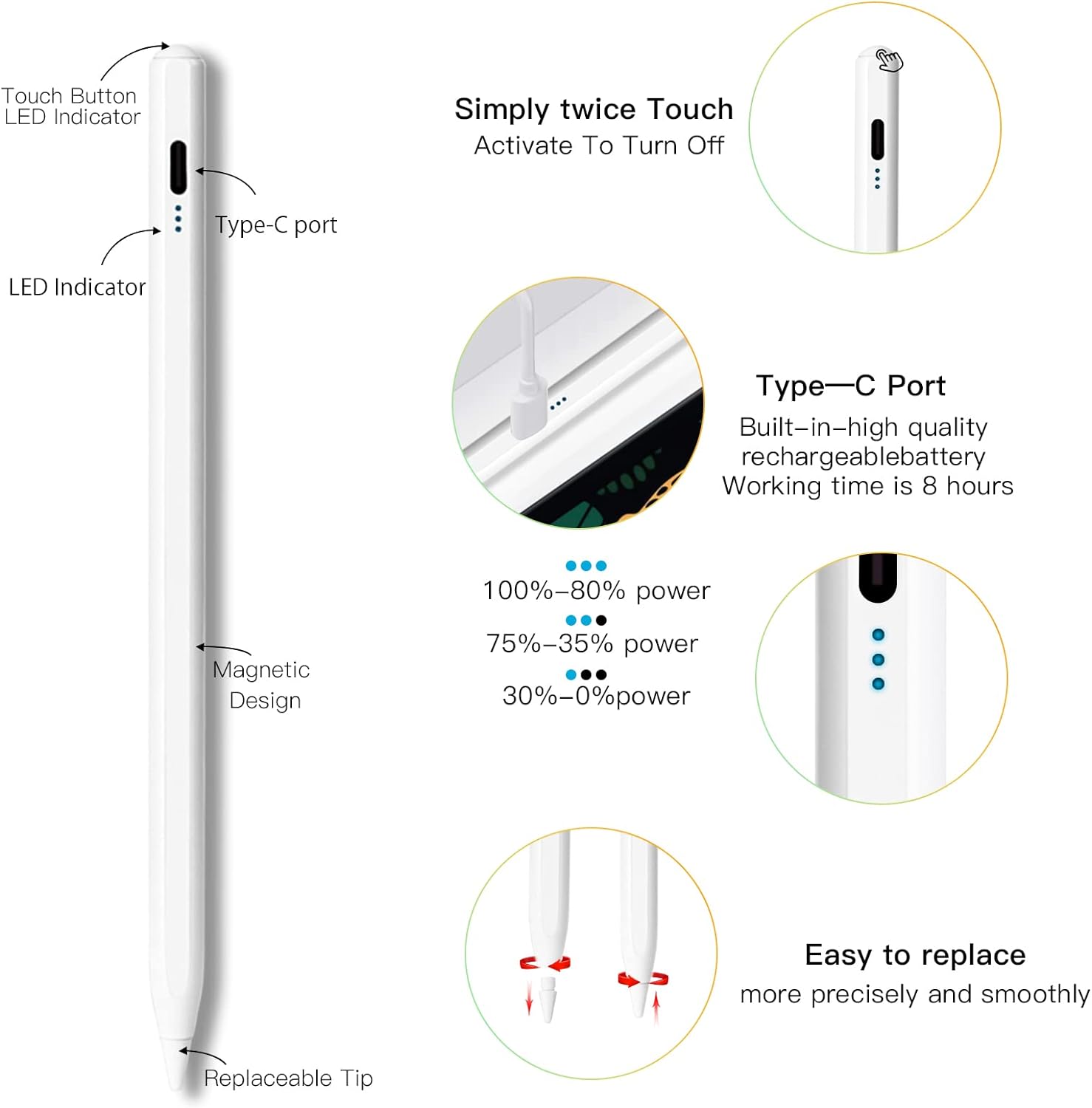 Stylus Pen for iPad 2018-2021 Touchscreen with Palm Rejection Magnetic High-precision Tilting function