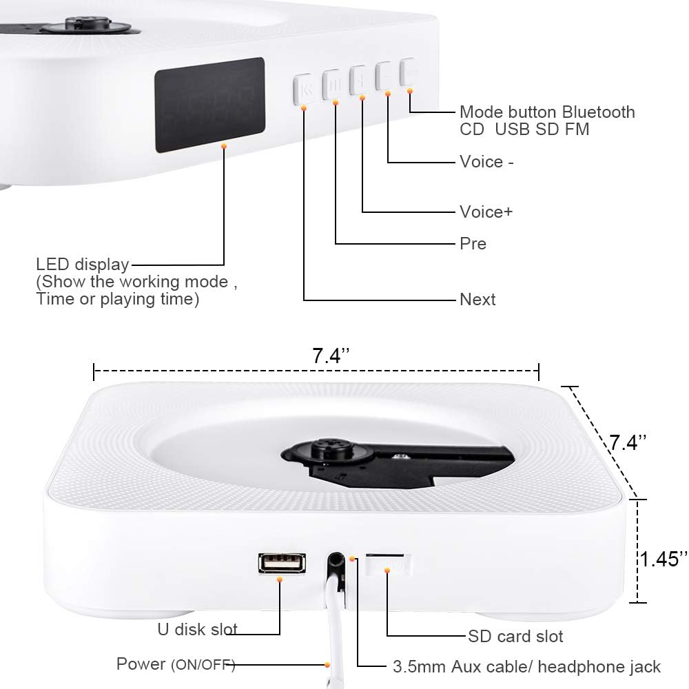 CD Player Wall Mountable Bluetooth Built-in Hi-Fi Speaker