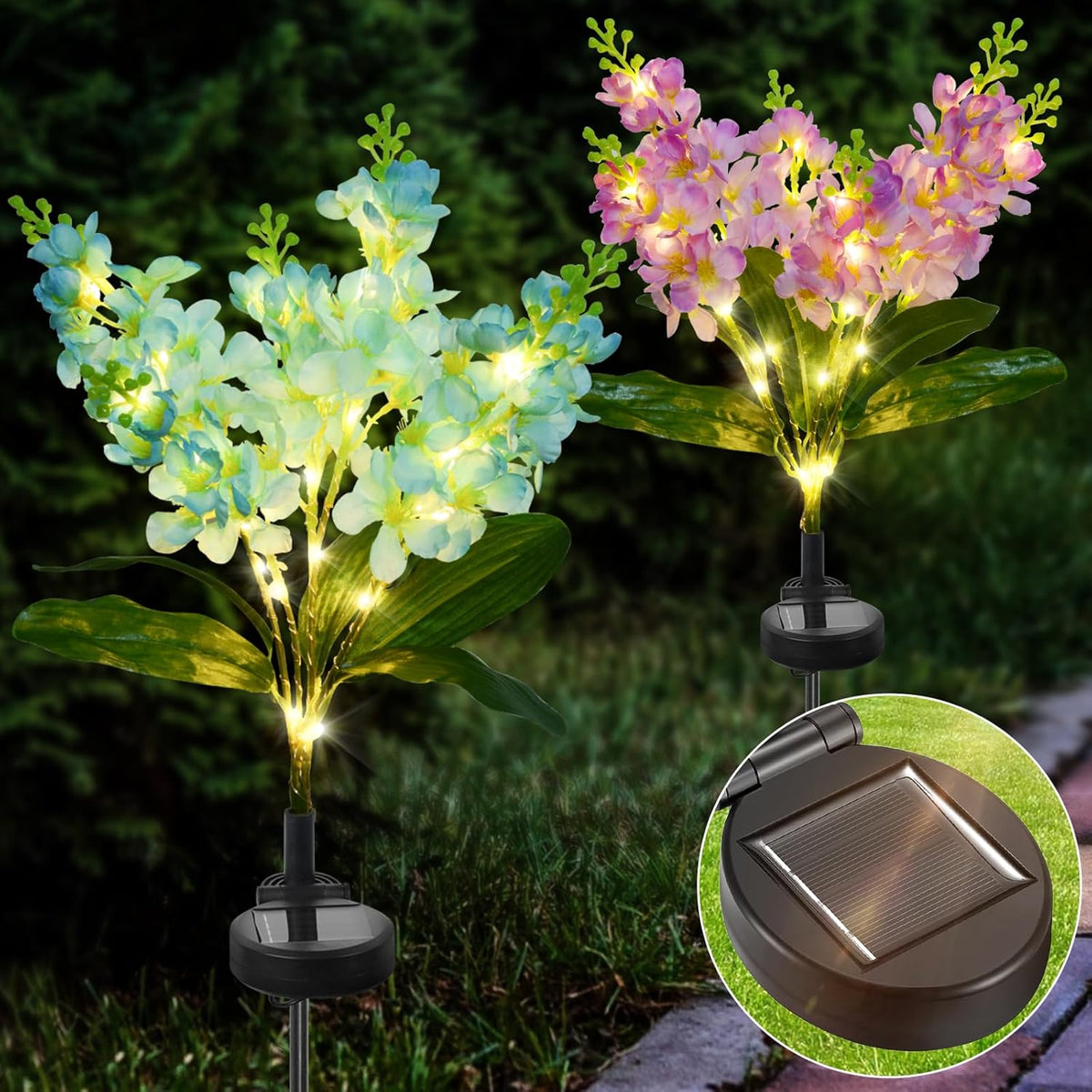 Qoosea Solar Garden Lights, 2 Pack Outdoor Solar Flowers Lights with 12 Violet Flower