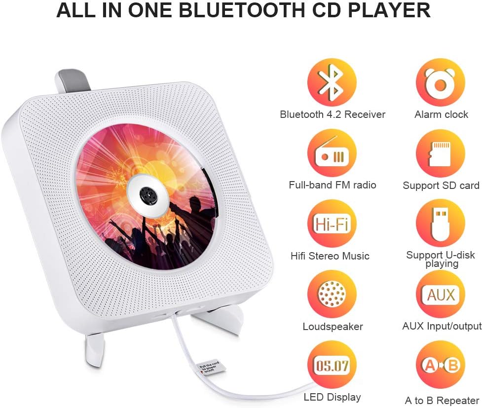 CD Player Wall Mountable Bluetooth Built-in Hi-Fi Speaker