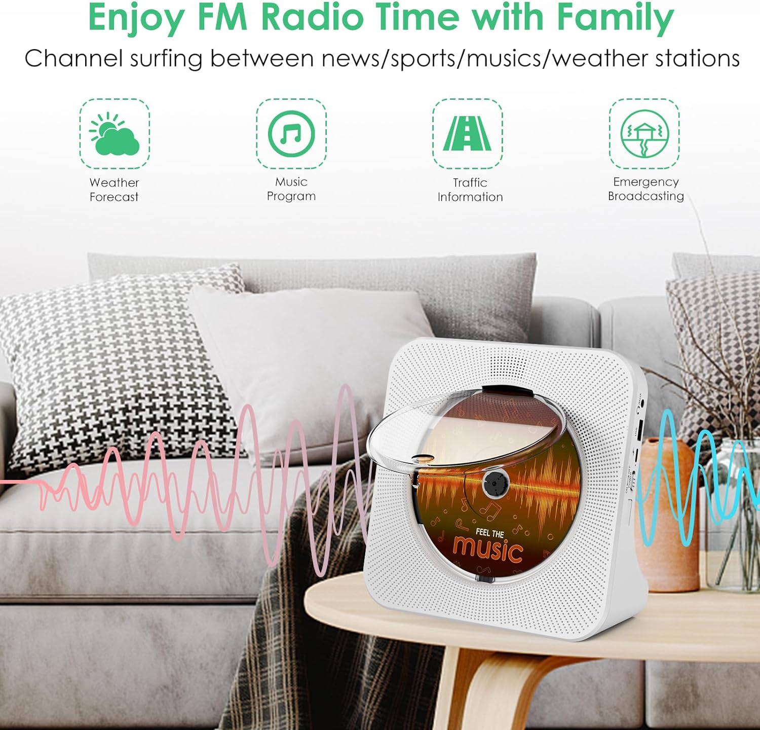 CD Player Bluetooth Desktop with 4000mAh Battery White