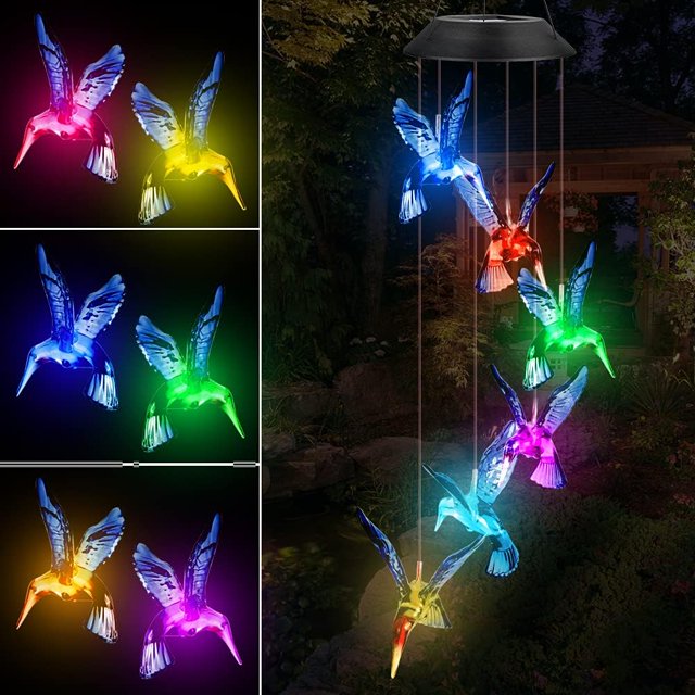 Solar Hummingbird Wind Chime for Outdoors, Solar Lights LED Mobile Wind Chimes Colour Changing Waterproof Hanging Garden Lamp Outdoor for Garden Yard Lawn Paths Balcony Patio