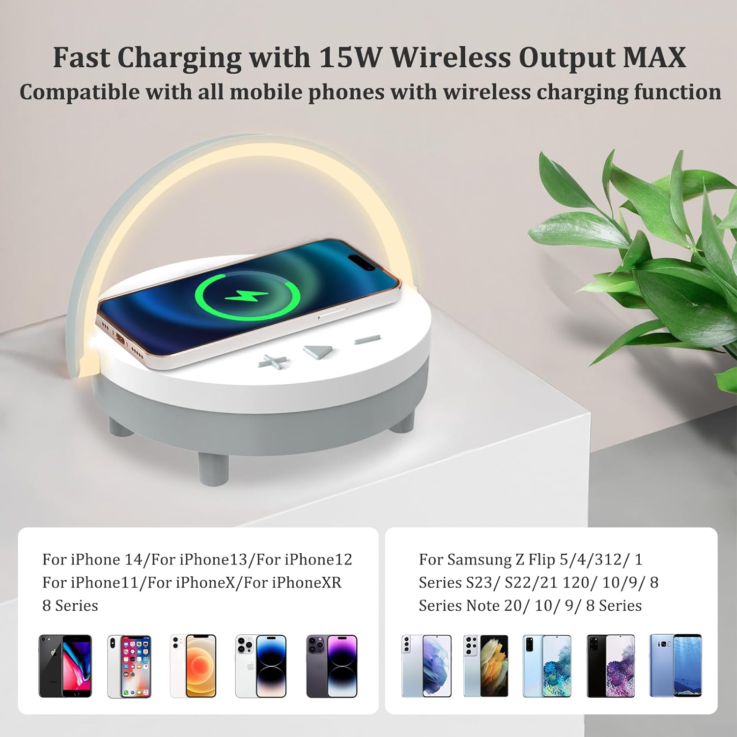 Bedside Lamp with Wireless Charger Touch Adjustable Bluetooth Speaker Phone Holder