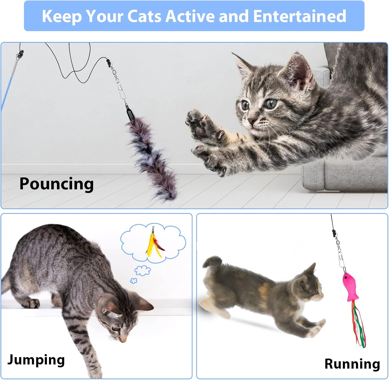 18PCS Cat Toy Wand Interactive Cat Feather Toys