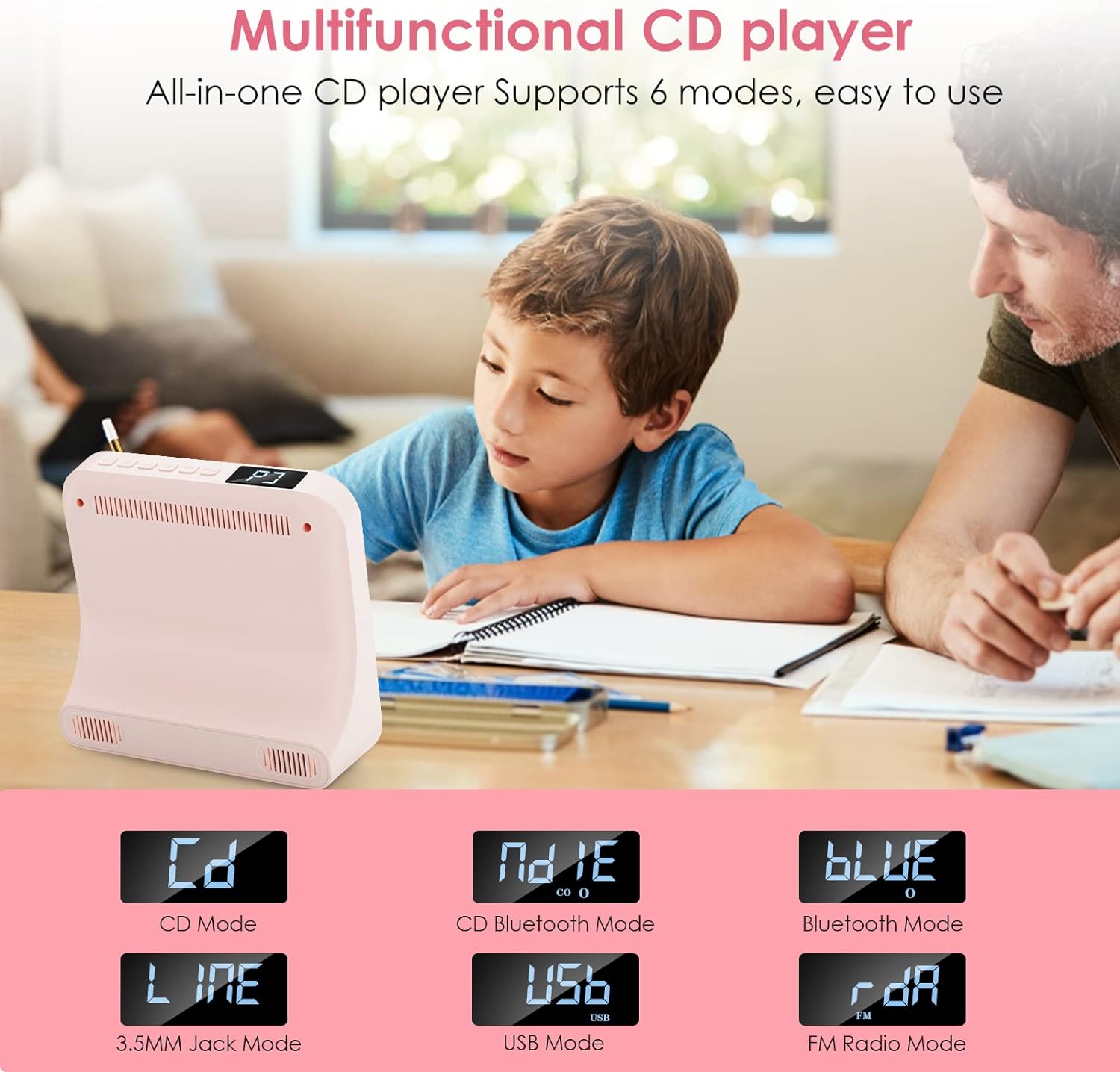 CD Player Bluetooth Desktop with 4000mAh Battery Pink