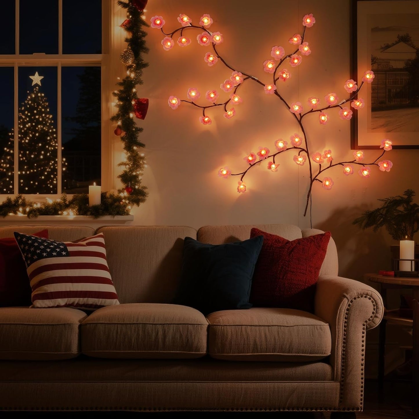Qoosea Decorative Cherry Branch Wall Lights 48 LEDs 1.2M with Remote Control 8 Lighting Modes