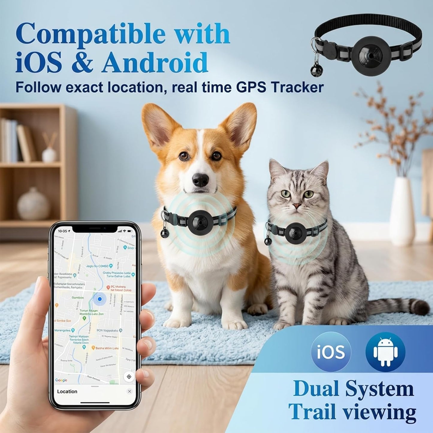 Qoosea Tracker for Cats and Dogs — Compatible with iOS/Android (No Subscription Required) — Mini Pet Tracker with Adjustable Collar