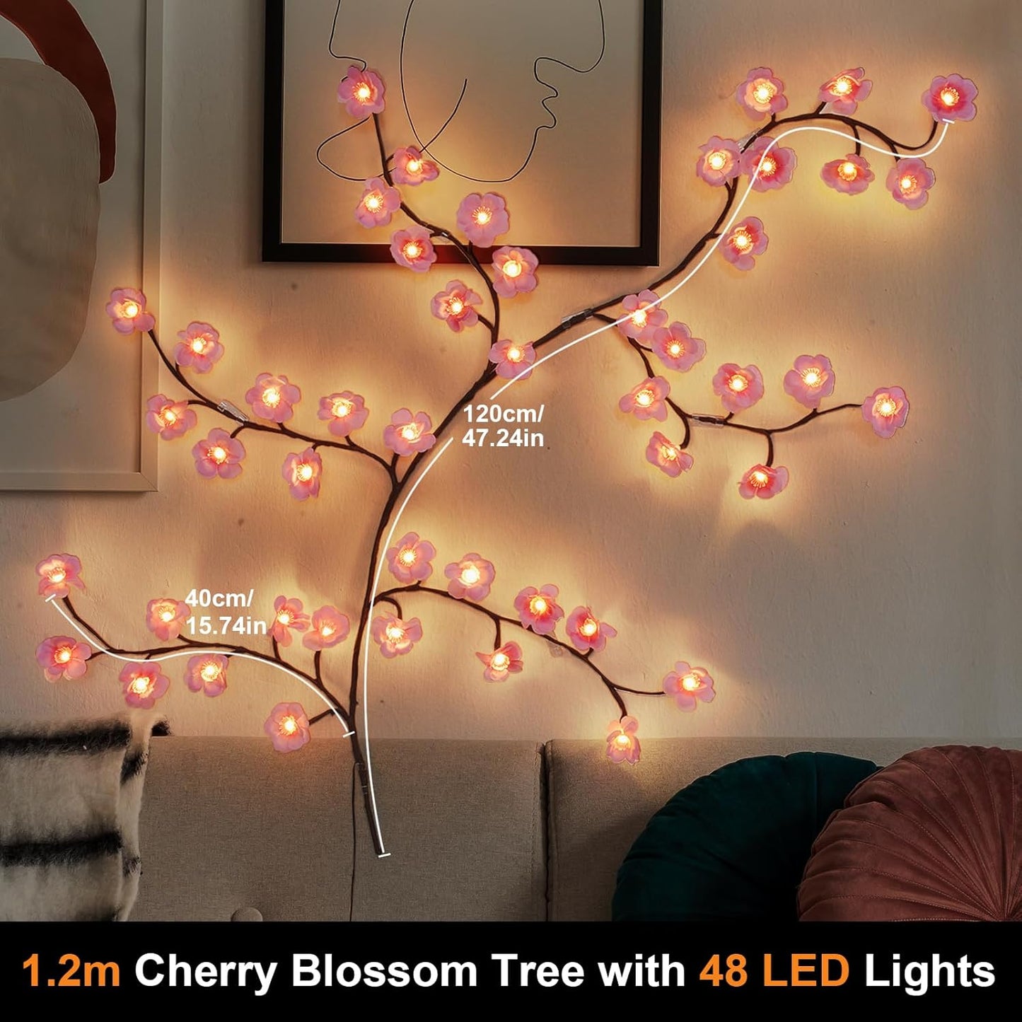 Qoosea Decorative Cherry Branch Wall Lights 48 LEDs 1.2M with Remote Control 8 Lighting Modes