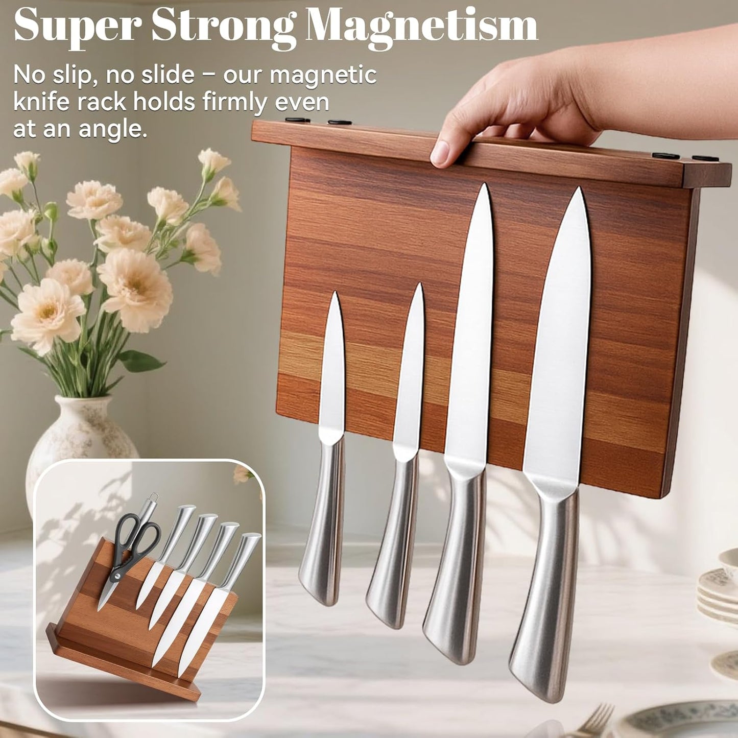 Qoosea Magnetic Knife Block without Knife: Knife Holder with Double-Sided Strong Magnetic, Acacia Wood Material