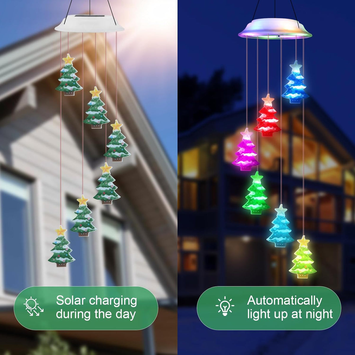 Qoosea Solar Christmas Tree Wind Chimes, Color Changing Solar Wind Chimes for Outside, Waterproof Solar Powered Wind Chime Outdoor, Solar Light LED Light Cover Gift for Christmas Garden Decoration