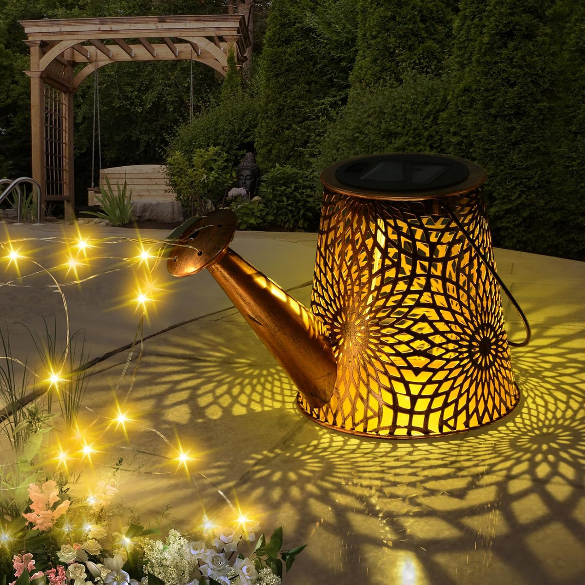 Qoosea Solar Lights Outdoor Solar Watering Can with Lights & Gerbera Pattern