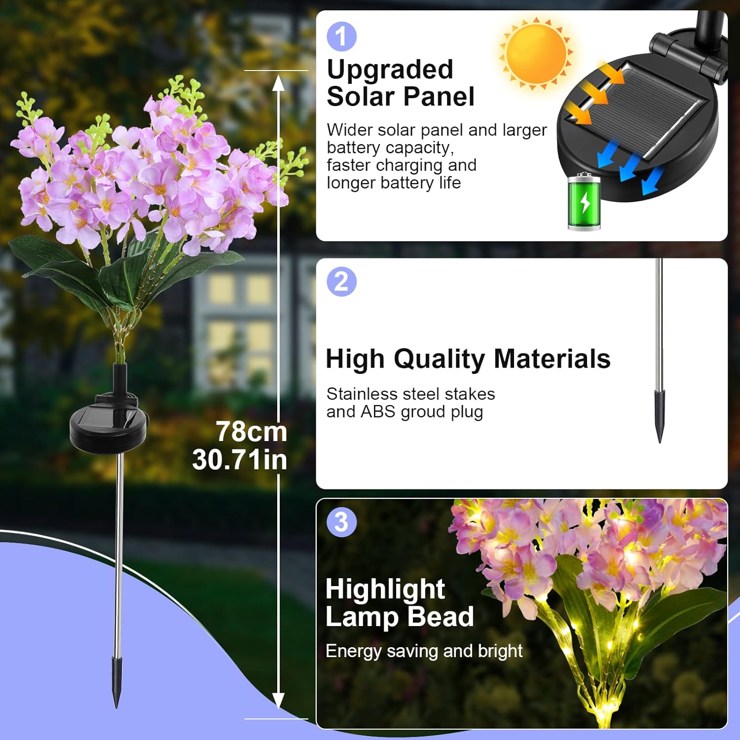 Qoosea Solar Garden Lights, 2 Pack Outdoor Solar Flowers Lights with 12 Violet Flower