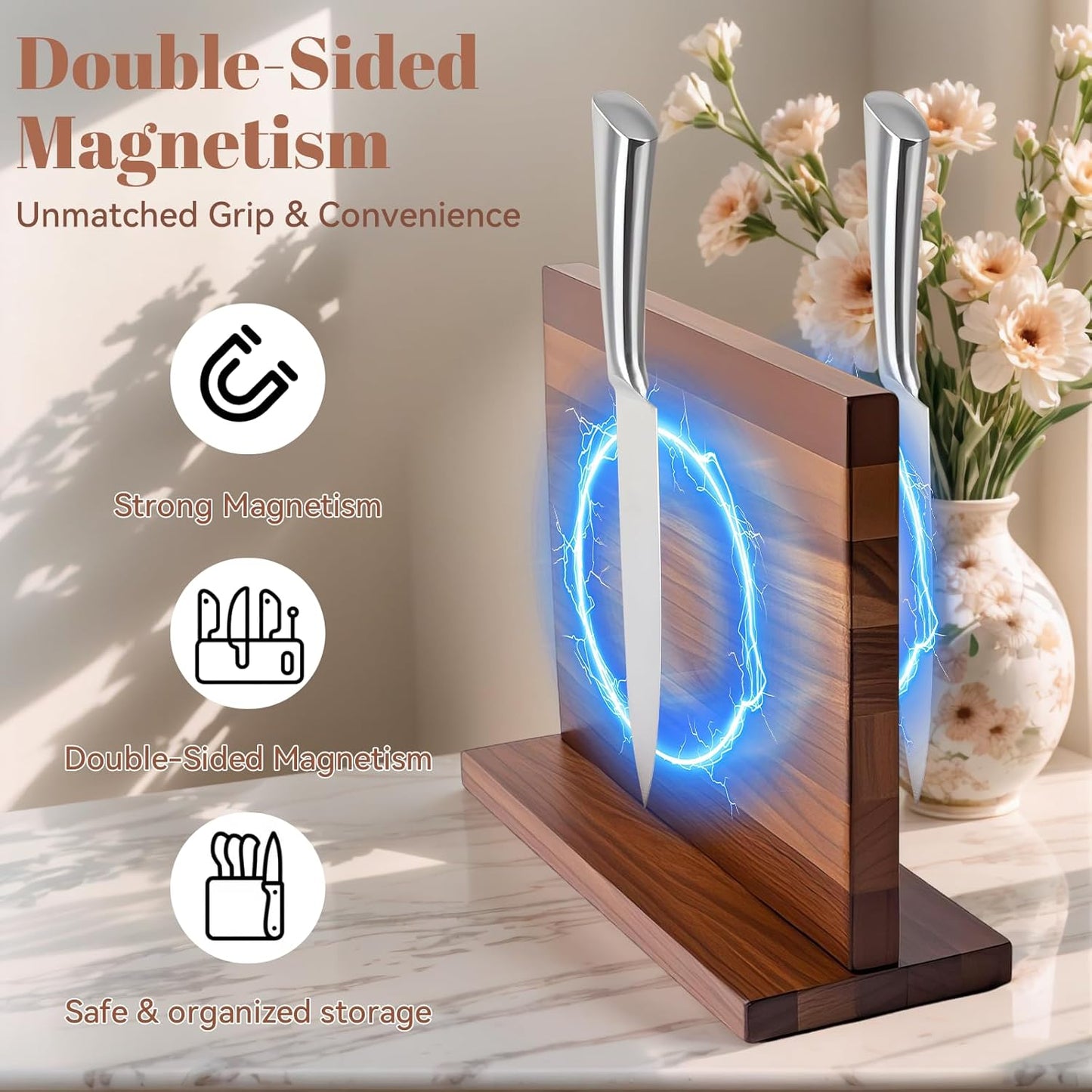 Qoosea Magnetic Knife Block without Knife: Knife Holder with Double-Sided Strong Magnetic, Acacia Wood Material