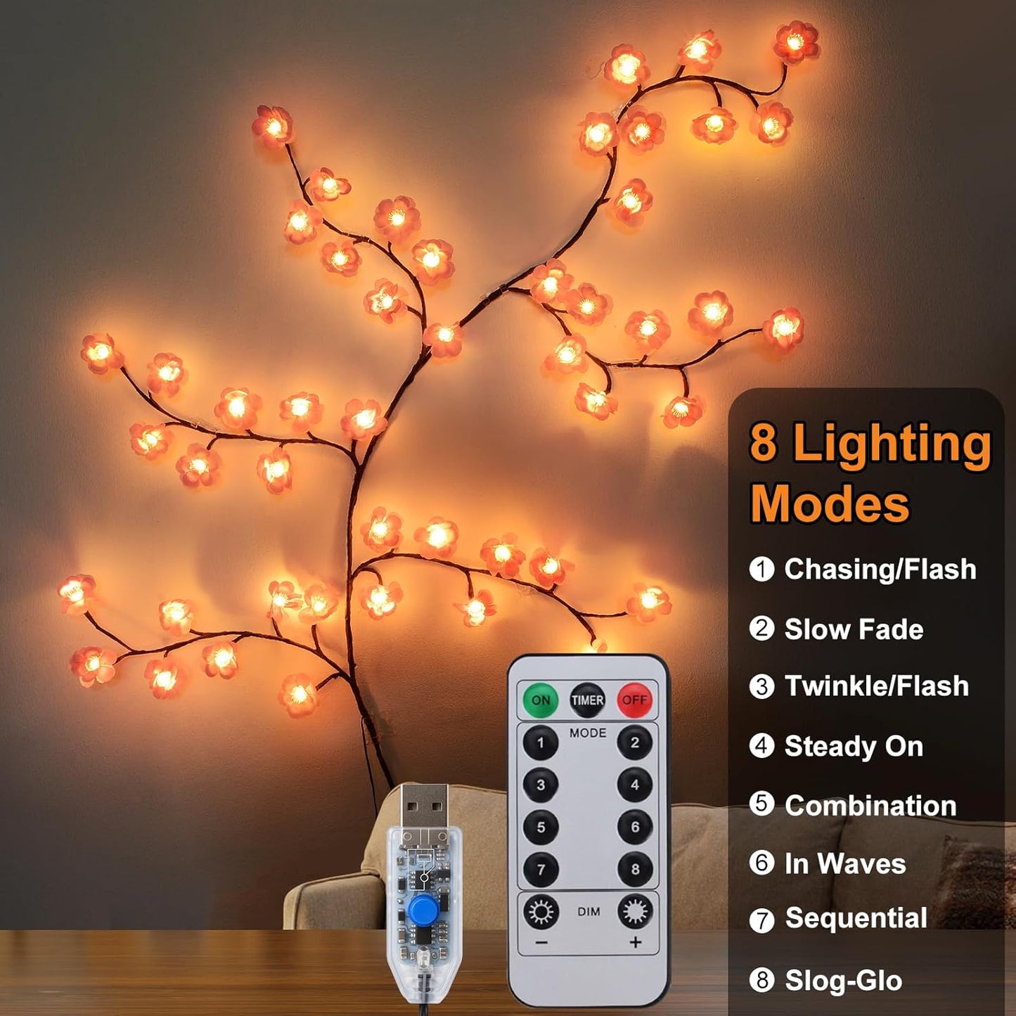 Qoosea Decorative Cherry Branch Wall Lights 48 LEDs 1.2M with Remote Control 8 Lighting Modes