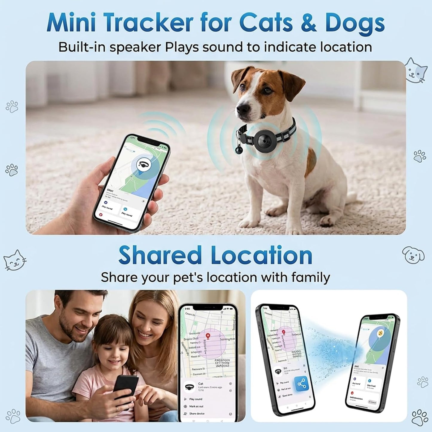 Qoosea Tracker for Cats and Dogs — Compatible with iOS/Android (No Subscription Required) — Mini Pet Tracker with Adjustable Collar