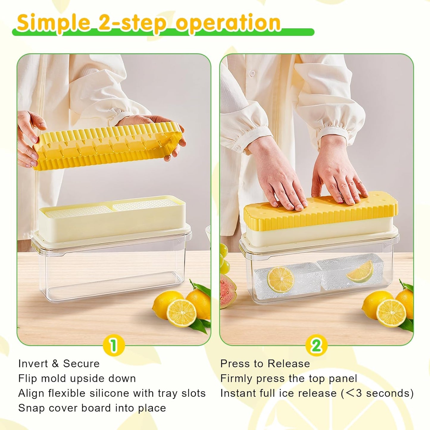 Qoosea Ice Cube Tray with Lid and Bin:Large 2Pcs 1 Tray Ice Cube Trays for Freezer Reusable Ice Trays