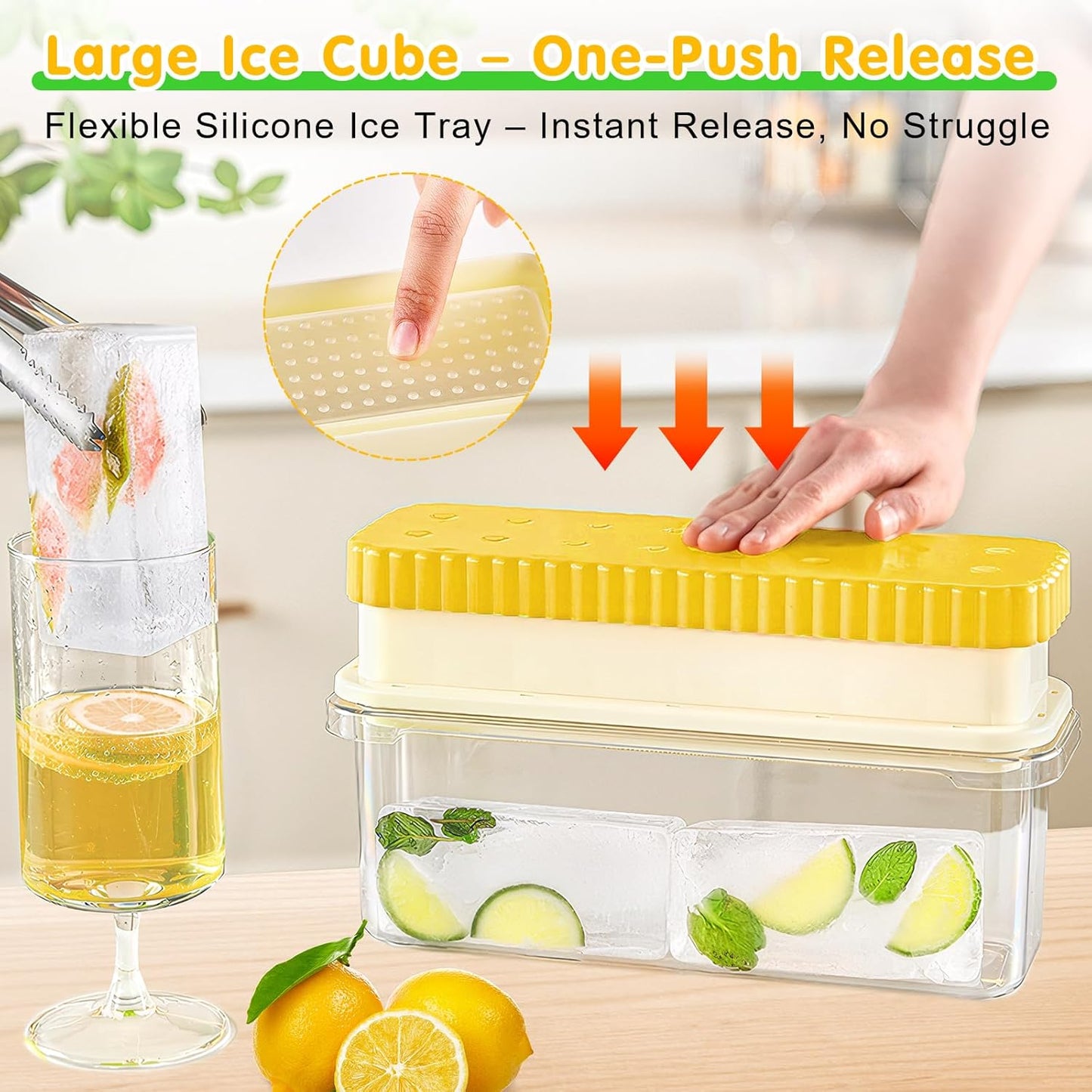 Qoosea Ice Cube Tray with Lid and Bin:Large 2Pcs 1 Tray Ice Cube Trays for Freezer Reusable Ice Trays