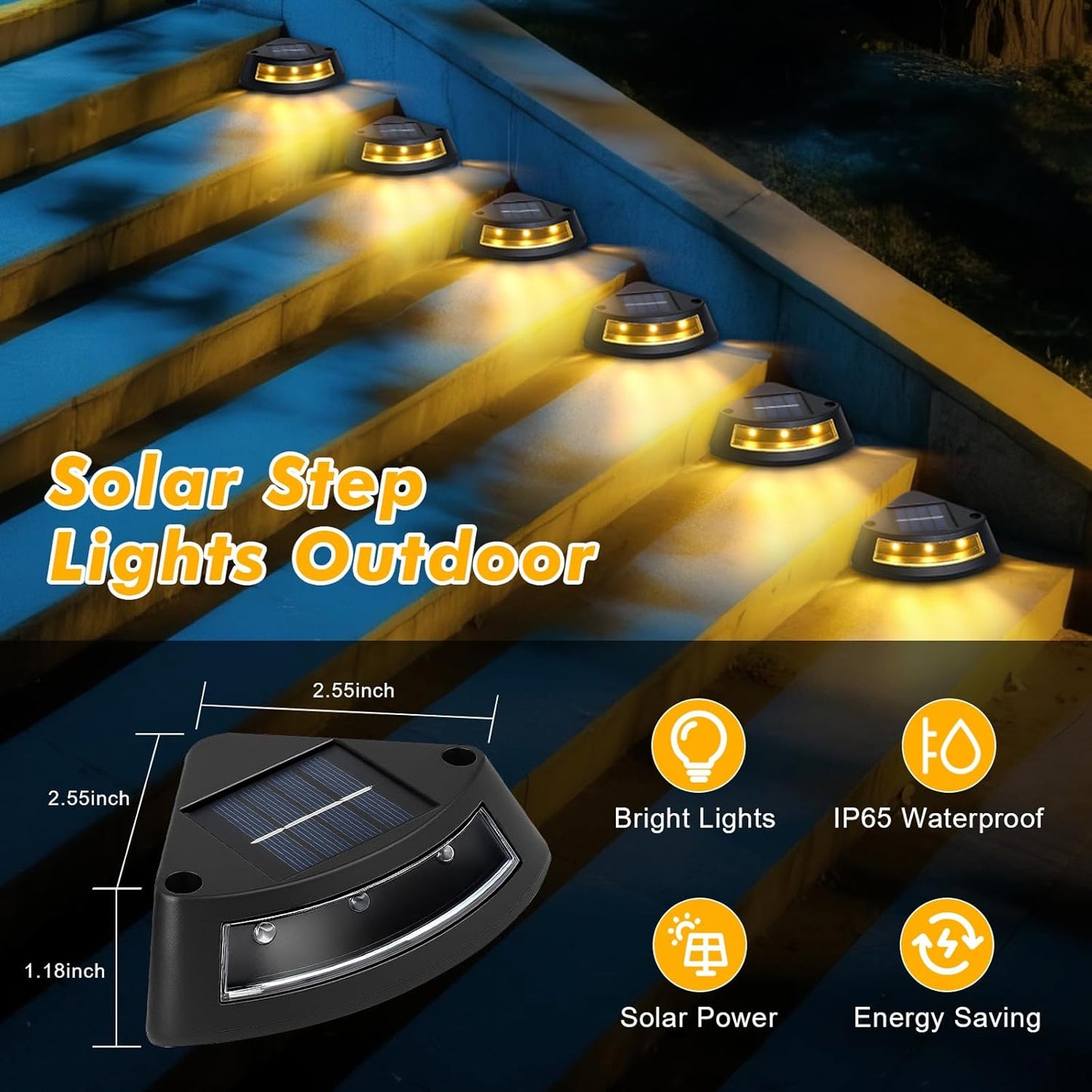 Qoosea 4-piece IP65 waterproof solar stair lighting, 2800K warm white LED step lights, garden lamps for outdoor stairs, steps, fences
