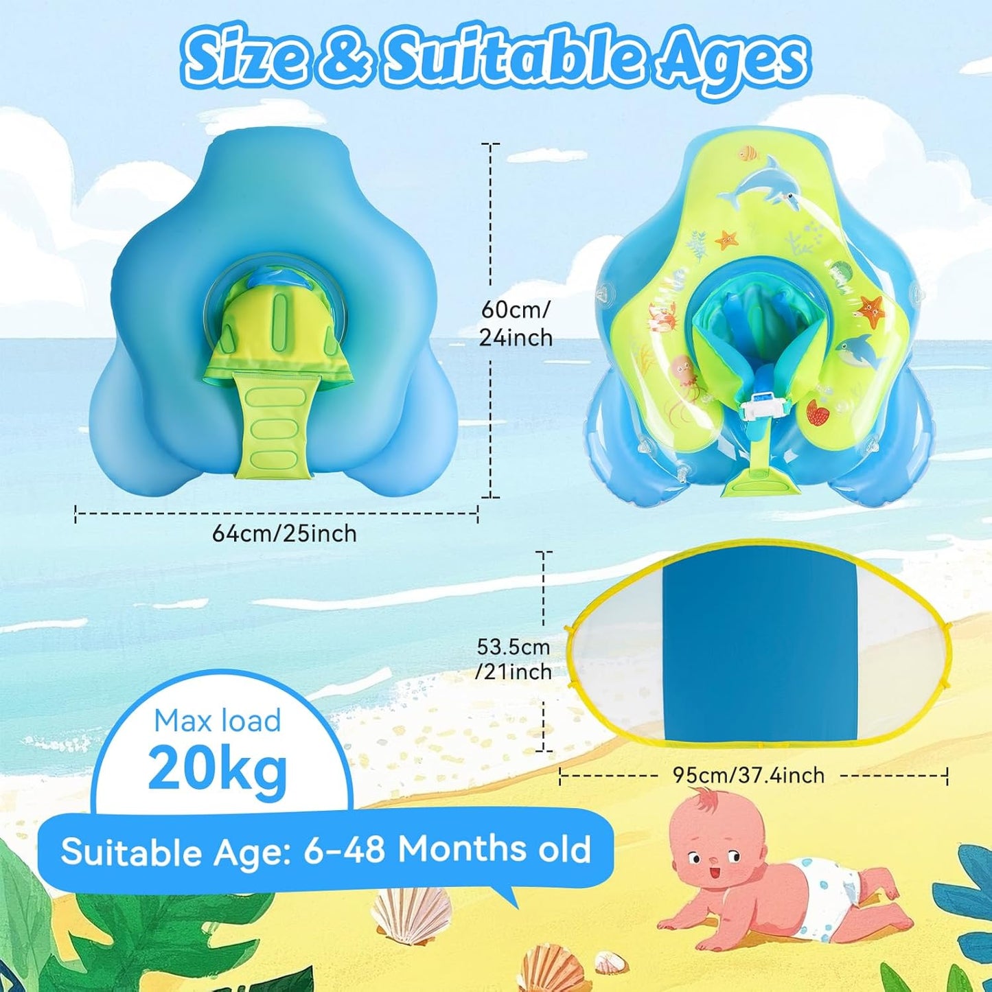 Qoosea Baby Swimming Floats Wider Rear Wing No Flip Over UPF50+ Sun Protection