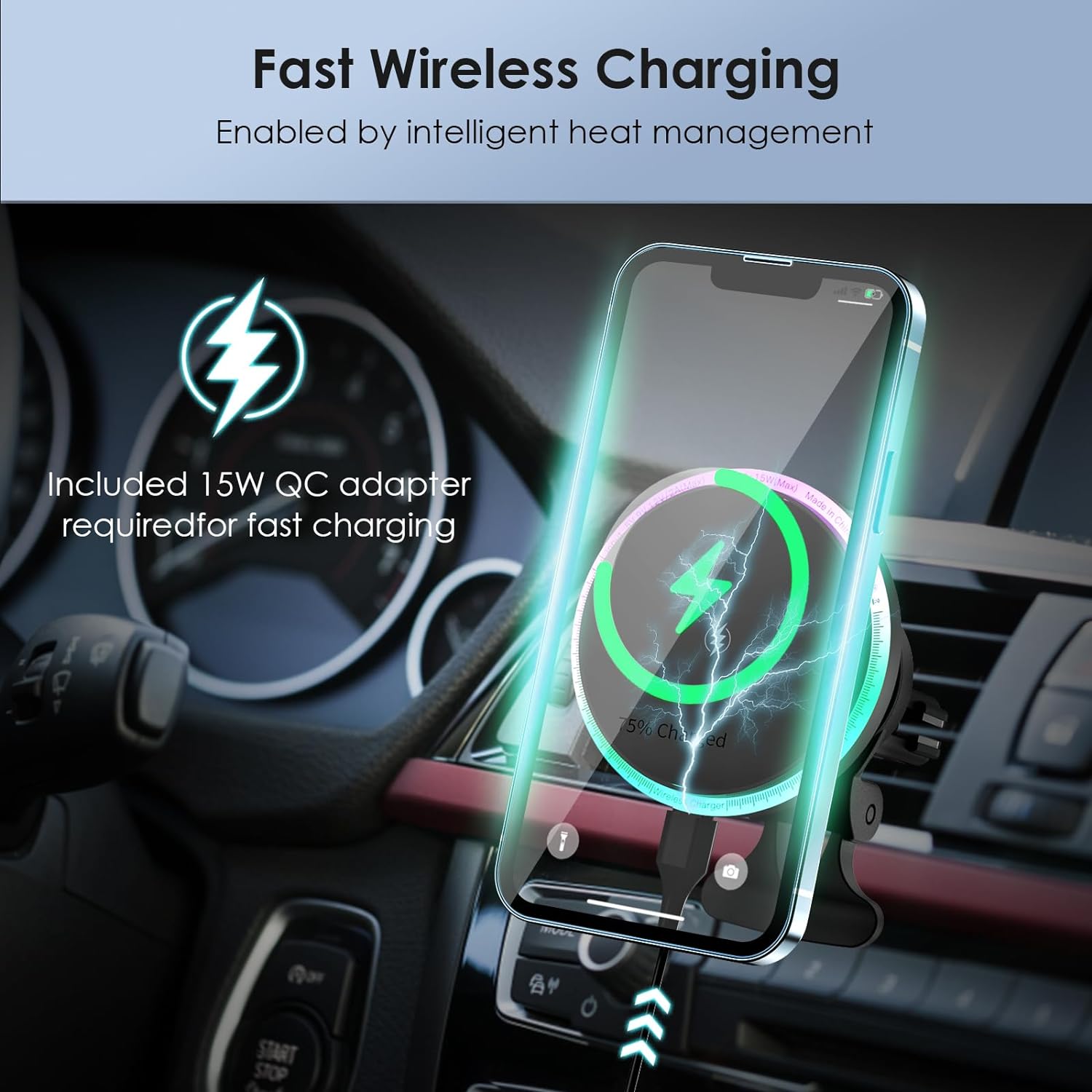 Wireless Car Charger Mount for iPhone Magnetic Charger with Colorful LED Lights