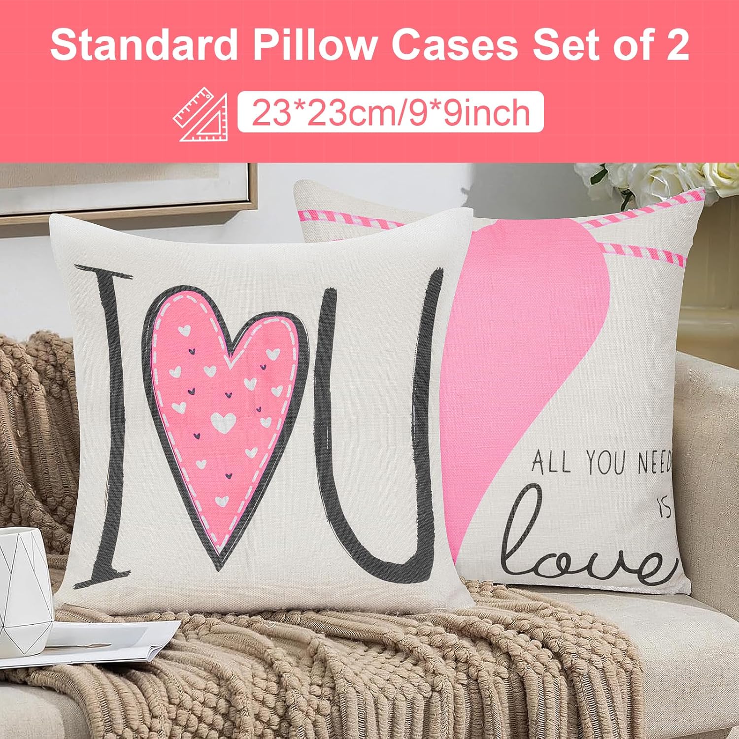 Qoosea Valentine's Day Pillow Cases, Soft and Breathable Linen Pillowcase