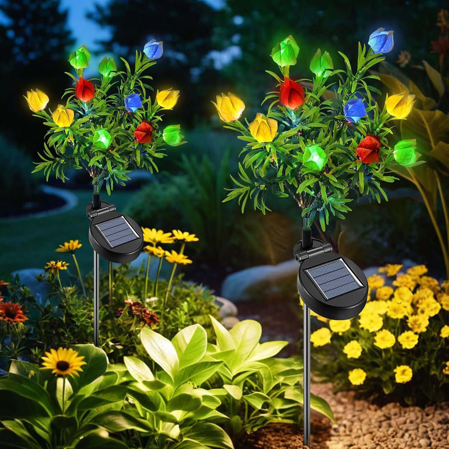 Qoosea  2 Pack 8 Flower Solar Light Outdoor Waterproof  Colorful Light 2 Lightning Mode