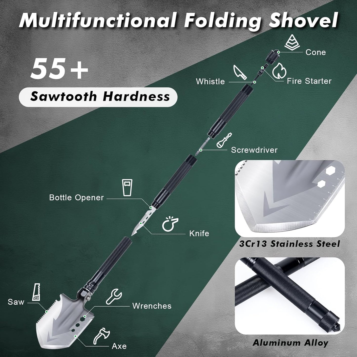Qoosea Pala Plegable Multifuncional Pala Plegable 82cm, Pala Plegable de Camping, Portátil Pala Plegable