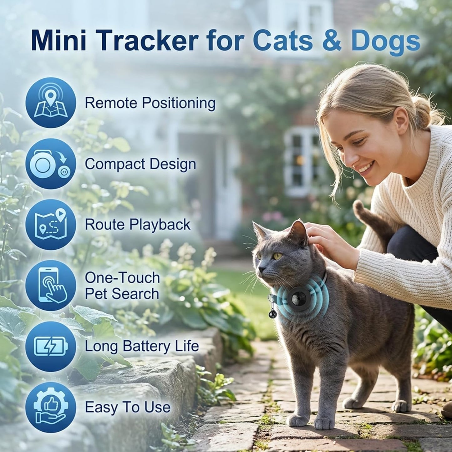 Qoosea Tracker for Cats and Dogs — Compatible with iOS/Android (No Subscription Required) — Mini Pet Tracker with Adjustable Collar